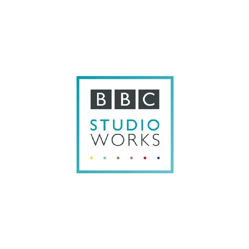 BBC Studio Works logo with a blue border, featuring the BBC logo, and colored dots below the text.