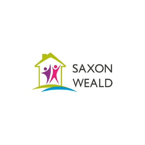 Logo for Saxon Weald featuring two stylized human figures inside a house outline with a green roof and blue base.