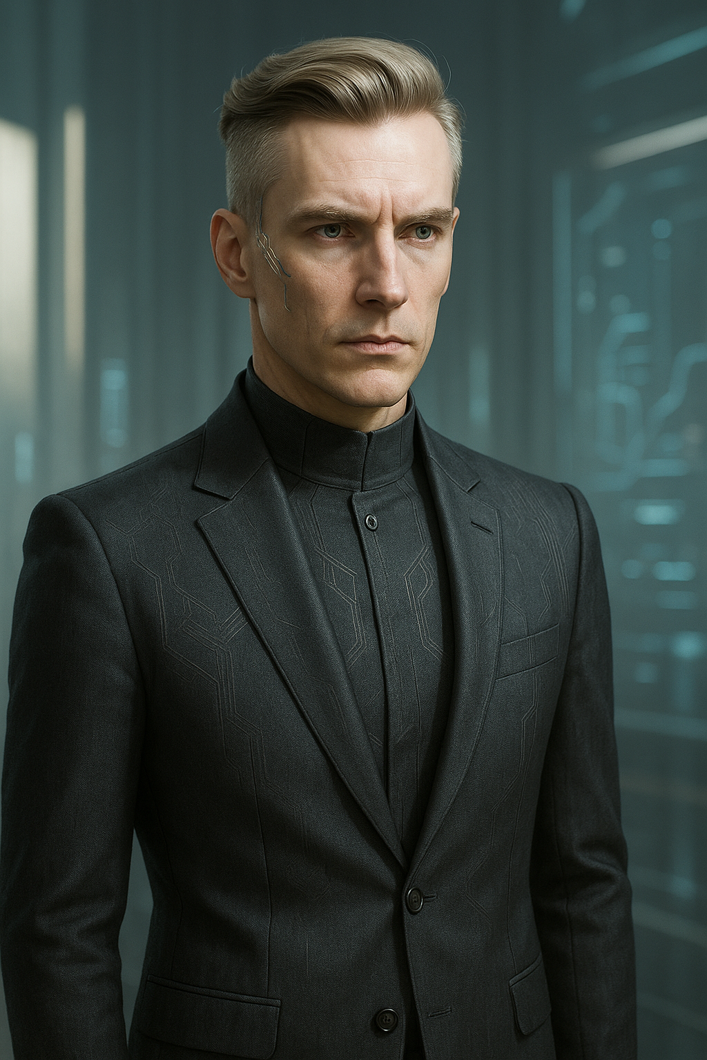 Portrait of Saren from C.M. Saul’s Rogue Elements, a High Council technocrat with sharp features and a calculating expression.