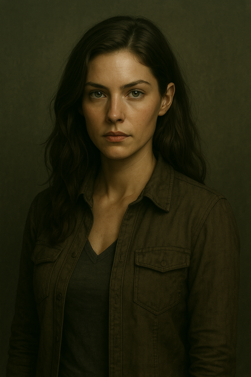 Portrait of Lira from C.M. Saul’s Rogue Elements, a strong and determined woman with green eyes and dark brown hair.