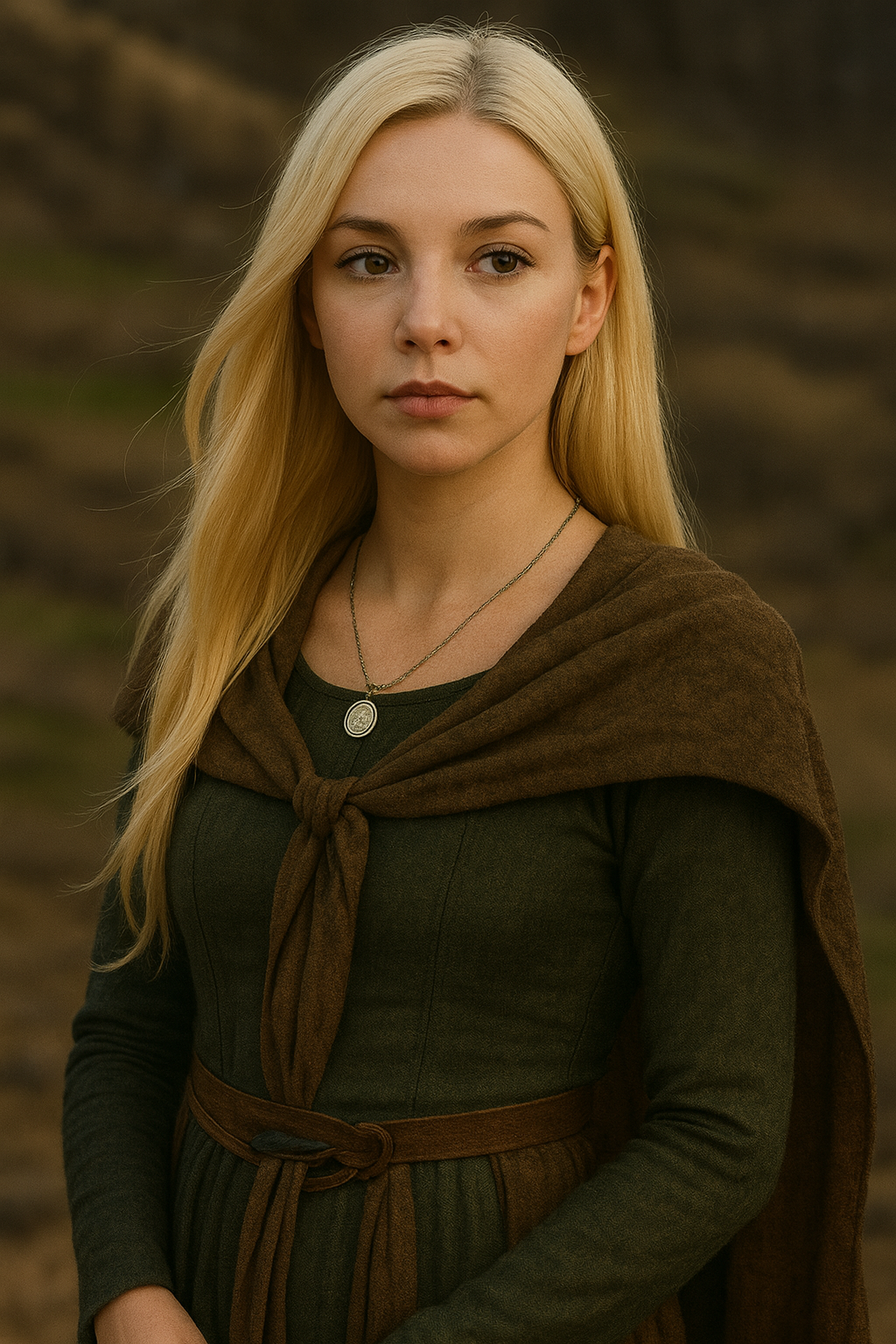 Portrait of Selene from C.M. Saul’s Rogue Elements, a serene woman with long blonde hair wearing an earth-toned cloak in a natural landscape.