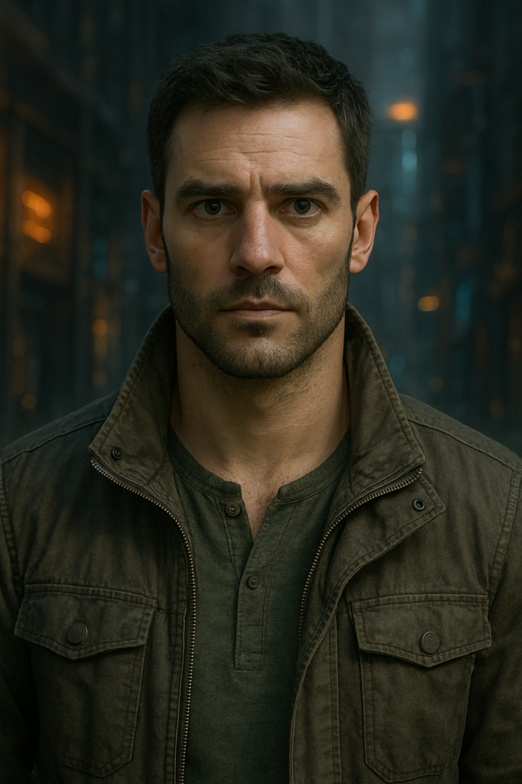 Portrait of Dr. Isaac Caulder, the scientist from C.M. Saul’s Rogue Elements, wearing a dark jacket in the streets of Nexa.