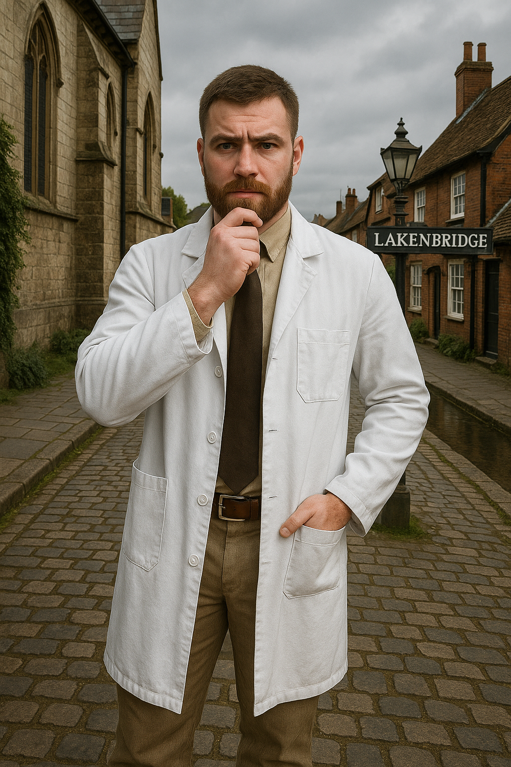 Portrait of Yuri from C.M. Saul’s Rogue Elements, a thoughtful scientist standing in the village of Lakenbridge wearing a white lab coat