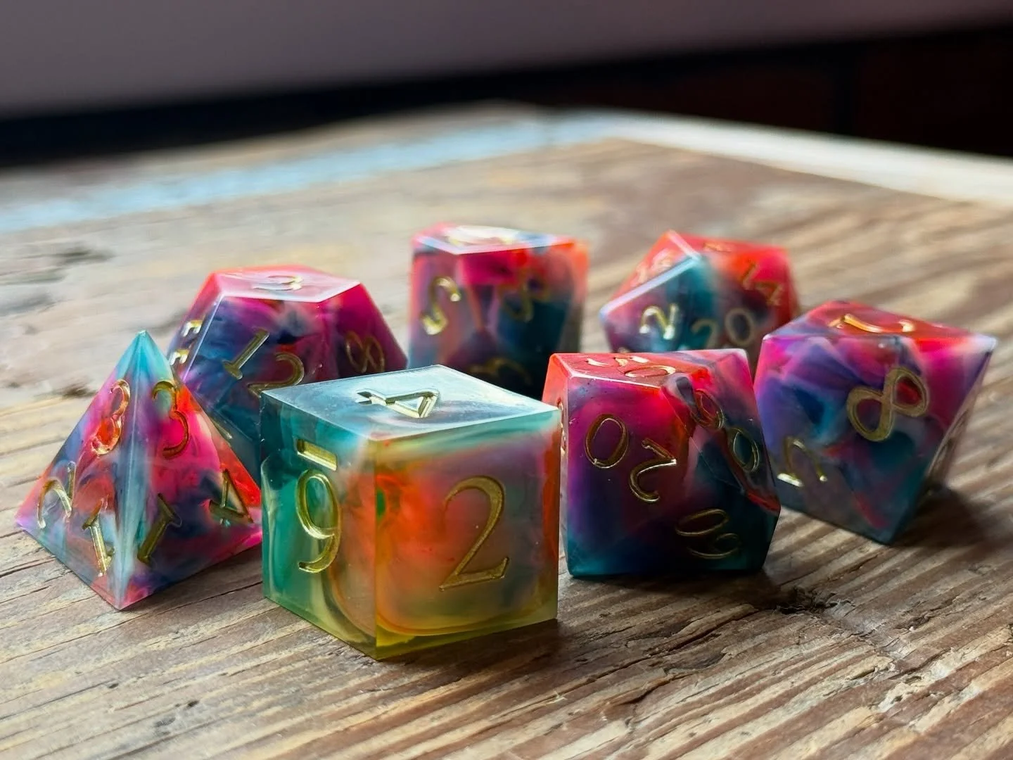A little bit of tie-dye grooviness to start off your Sunday Funday~ 🌈

Colorful crits only!! 🎨

#DiceGoblin #DiceAddict #DiceArt #DiceCollection #CriticalRoll #DnDDice #TabletopGaming #HandmadeDice #ColorfulCrits #GamingDice #RollInStyle #FantasyDi