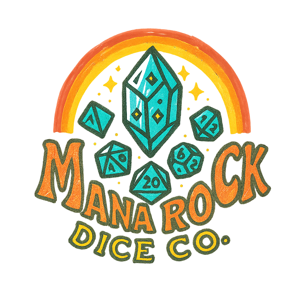 A colorful logo with a dark background featuring a rainbow, a collection of blue RPG dice, and the text "Manorock Dice Co." in orange and yellow.