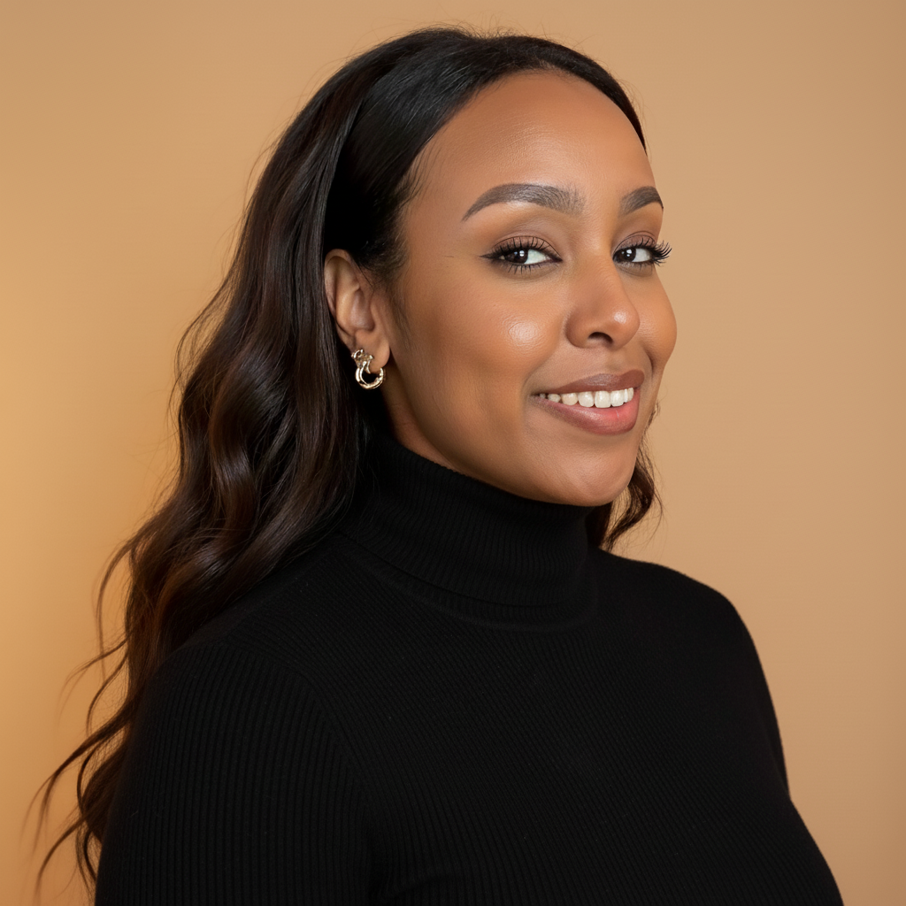 A woman with long wavy dark hair, wearing a black turtleneck sweater and small hoop earrings, smiling at the camera against a beige background.