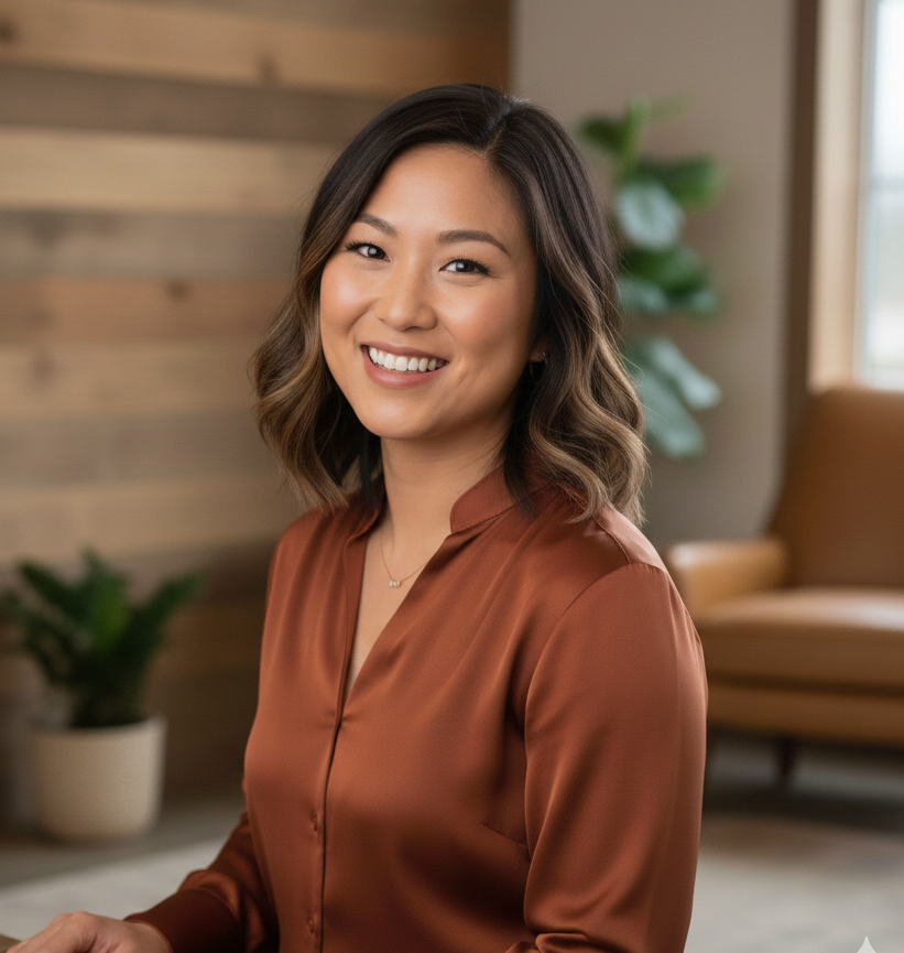 A young woman with shoulder-length wavy hair, smiling, wearing a brown satin blouse, sitting indoors with a wooden wall, green plant, and window in the background.