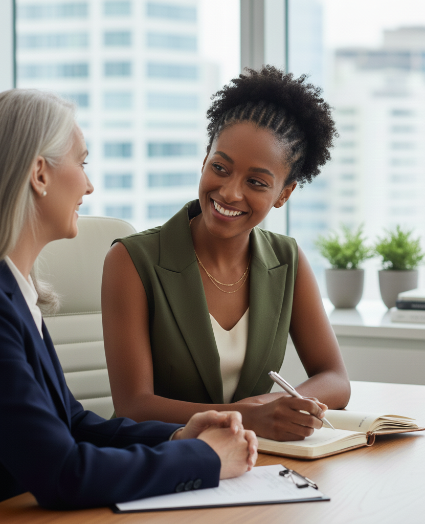 Two women sitting at a desk, smiling and having a conversation in a modern office with large windows and a city view.