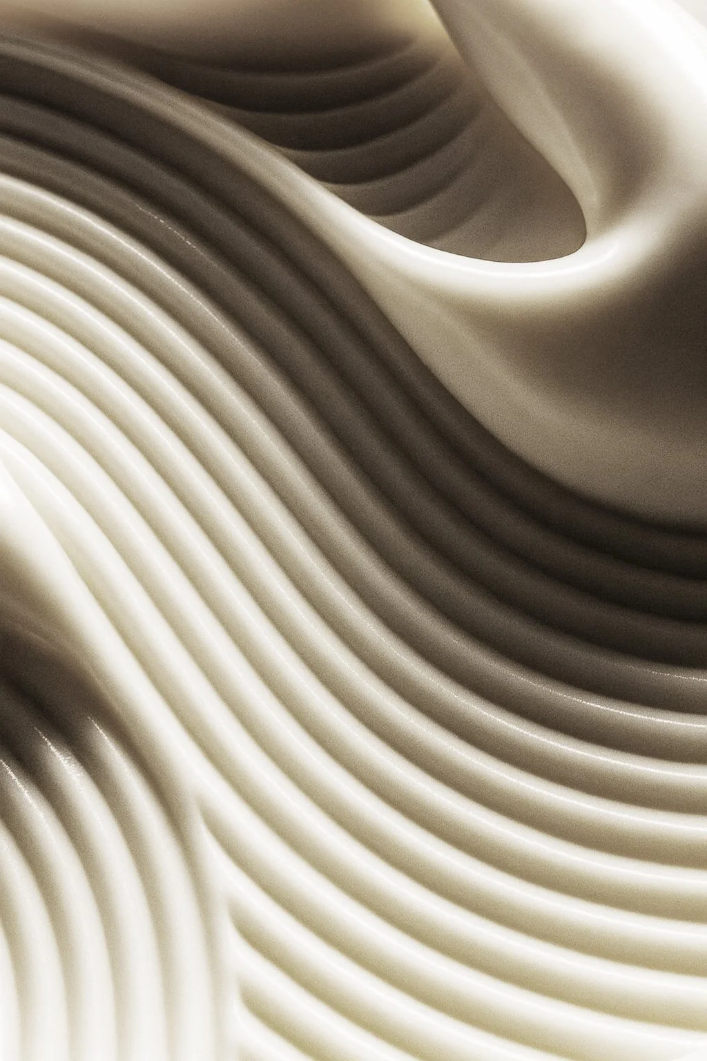 Close-up of stacked white and gray plastic plates with curved edges.