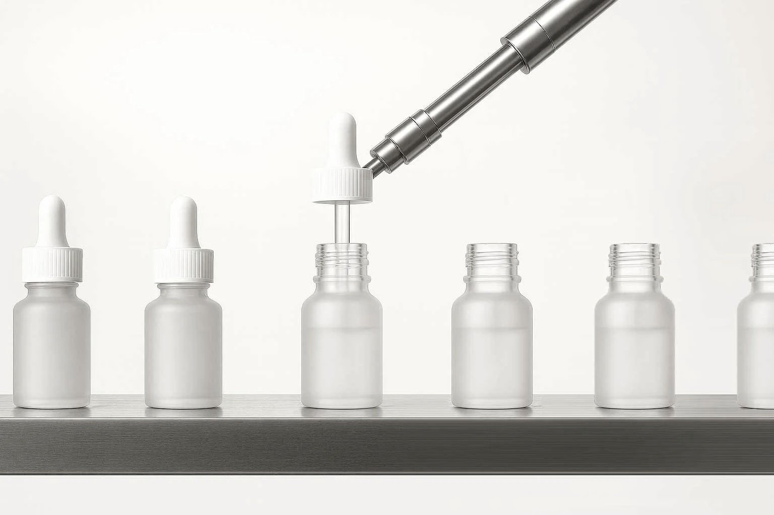 A laboratory setup with six small glass bottles with white dropper caps arranged in a row on a gray tray, and a metal pipette drawing liquid from the third bottle.