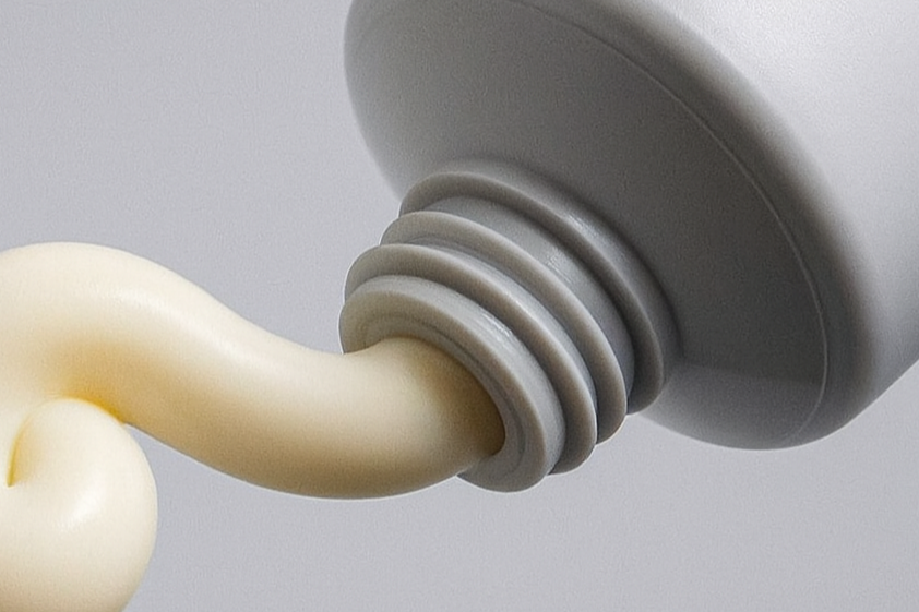 Close-up of a gray electrical outlet with a yellow flexible power cord plugged into it.