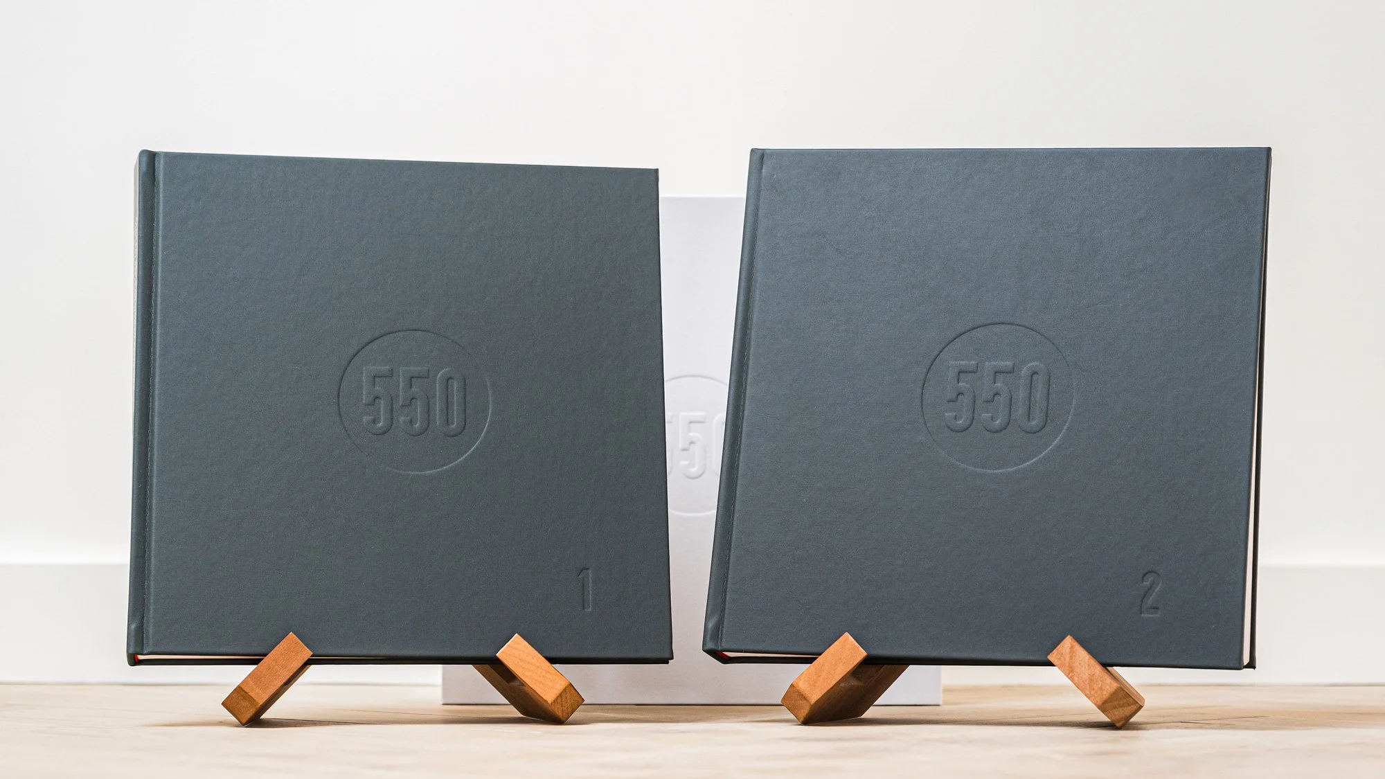 The who volumes of the Ferrari 550 Prodrive Book. Bespoke book designed by Motion Ltd