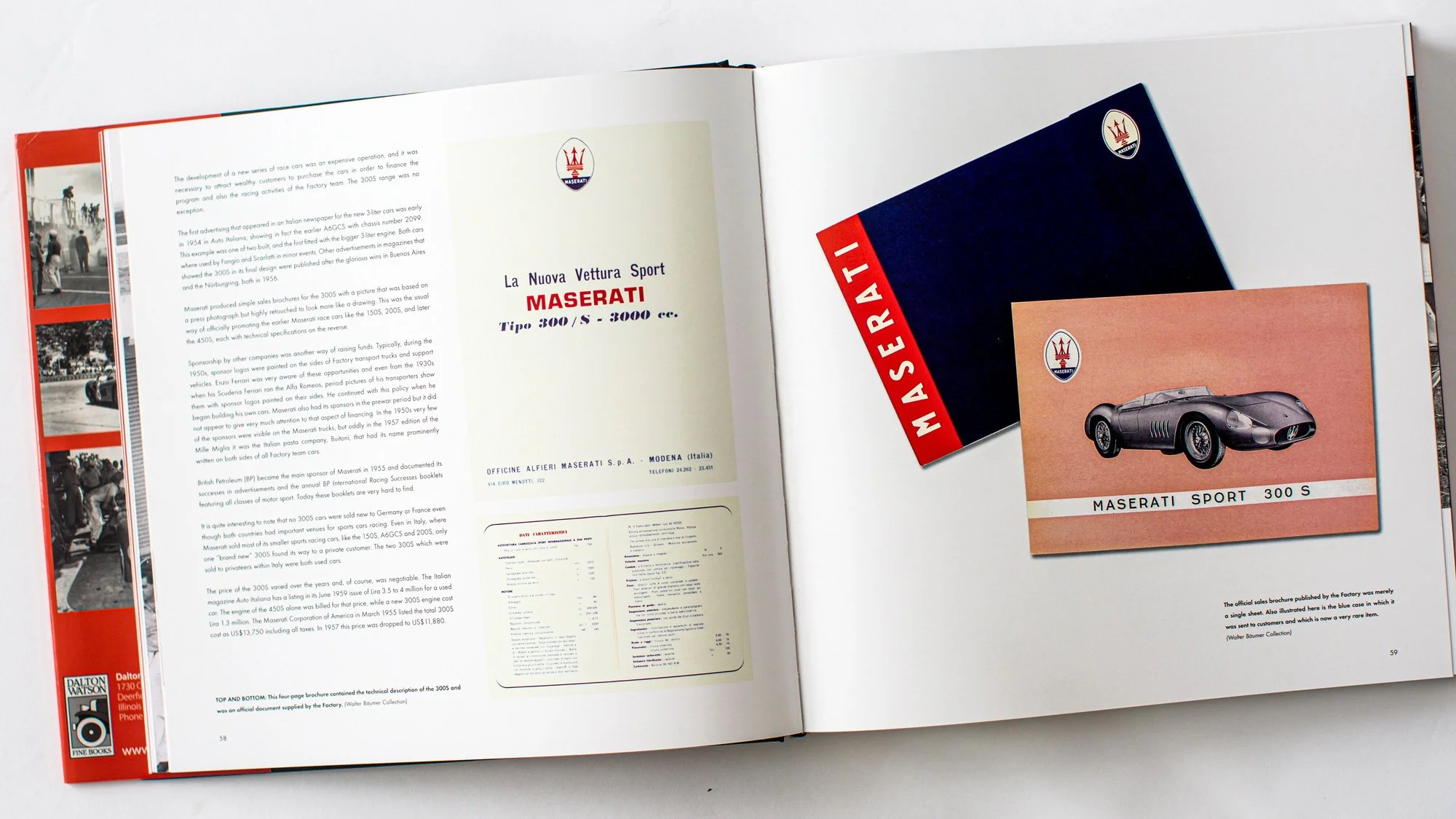 Open book displaying pages about a Maserati sports car, featuring text, images, charts, and specifications for Maserati Tipo 300/S, with a large photograph of a vintage Maserati 300 S race car on the right page. Bespoke book designed by Motion Ltd