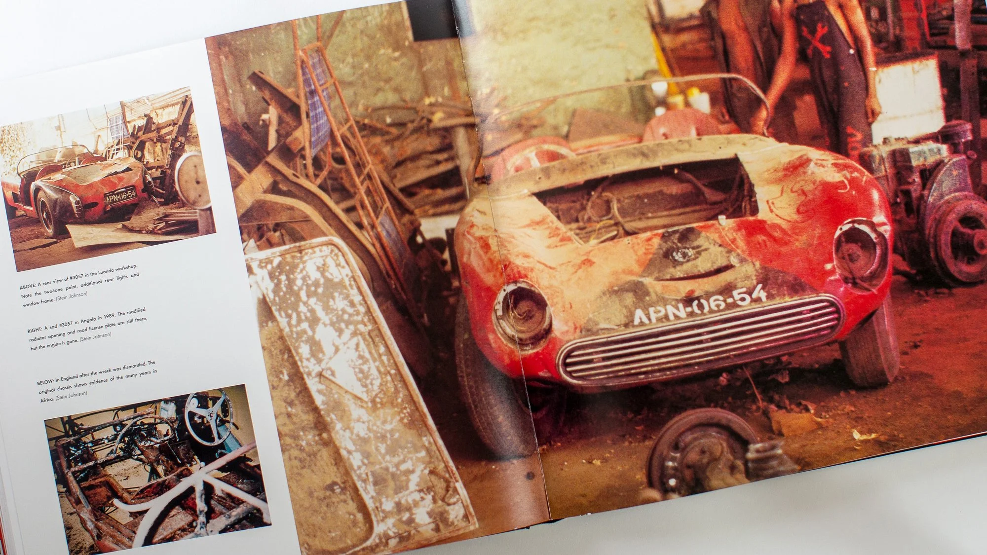 Open book displaying pages about a Maserati sports car, featuring text, images, charts, and specifications for Maserati Tipo 300/S, with a large photograph of a vintage Maserati 300 S race car on the right page. Bespoke book designed by Motion Ltd