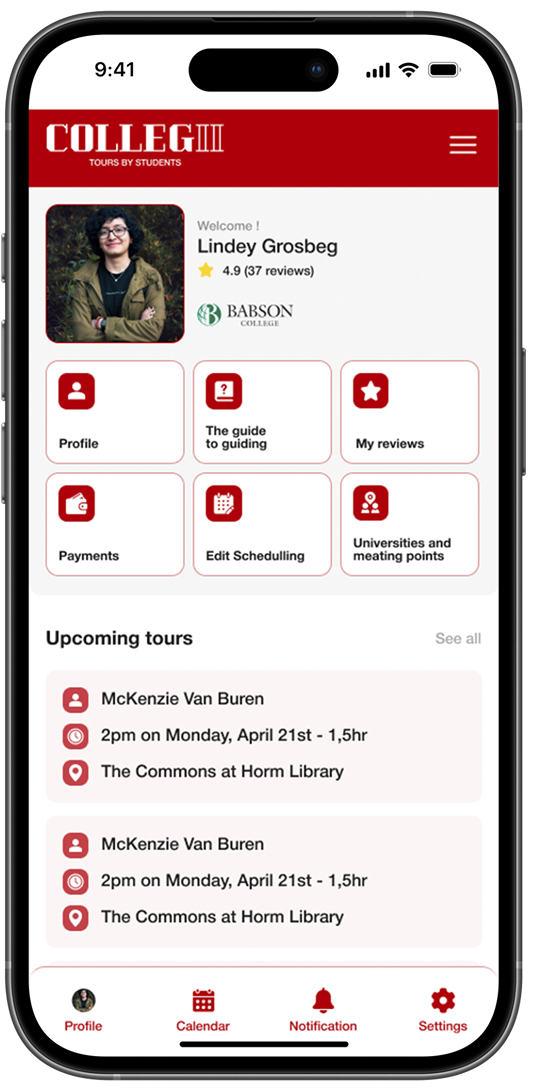 Mobile app screen displaying a college tour guide app with a profile photo of Lindey Grosbeg, a 4.9-star rating, and upcoming tours listed for McKenzie Van Buren at The Commons at Horn Library on April 21st at 2 pm.