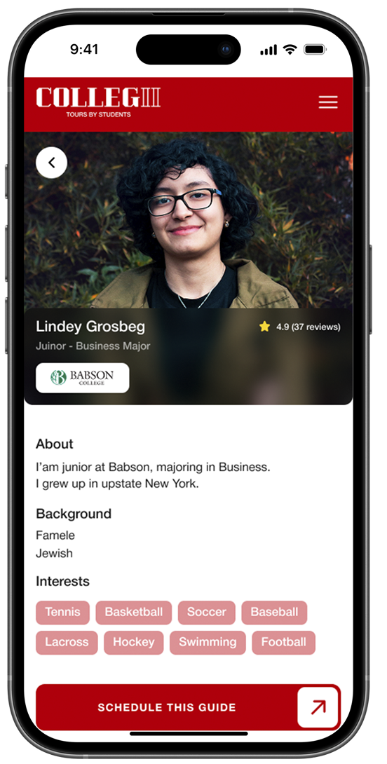 A smartphone screen displaying a college student profile from the 'Tours by Students' app, featuring a photo of Lindey Grosberg, a junior majoring in Business at Babson College, with her interests listed as various sports and activities, and a button to schedule a guide.