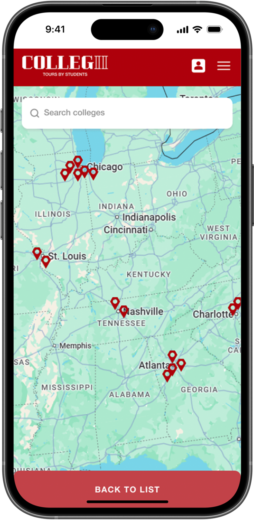 A map of the United States showing college tour locations with red markers in major cities including Chicago, St. Louis, Nashville, Atlanta, and Charlotte. The top shows a red header with 'COLLEGE' and 'TOURS BY STUDENTS,' a search bar, and a user profile icon. The bottom has a red button labeled 'BACK TO LIST.'