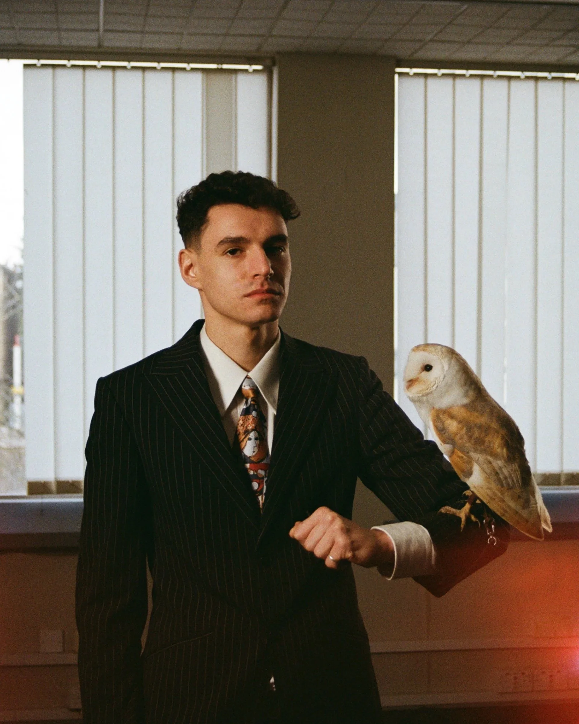 Young man in a black pinstripe suit with a colorful patterned tie, sitting at a desk with a barn owl on his arm, inside a room with vertical blinds and a tiled ceiling.