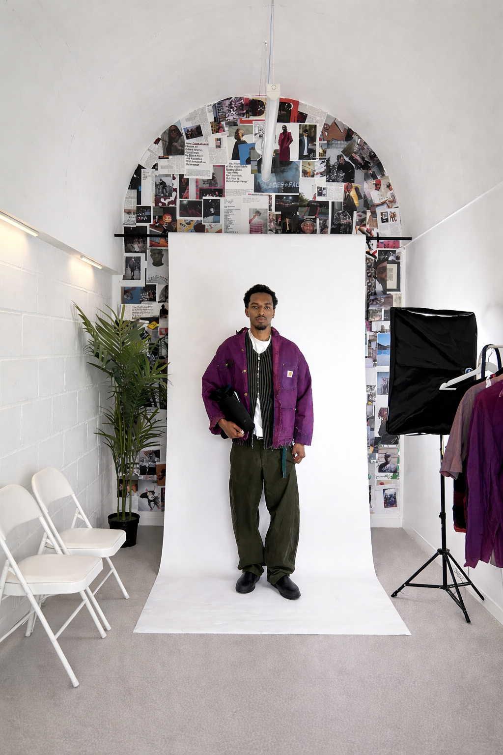 A man standing in a photography studio with a white backdrop, holding a black item, wearing a purple jacket over a black and white striped shirt and loose green pants. There is a large green plant on the left, white chairs on the left, and photo coll