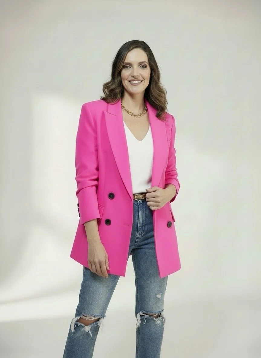 Livi smiling with one hand grabbing her pink jacket near the waist.
