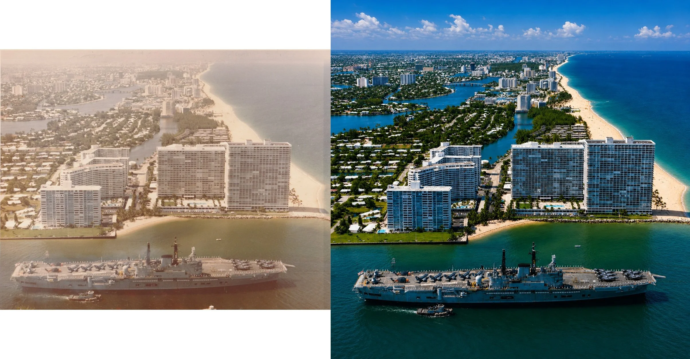 A side by side comparison of a photo of the HMS Ark Royal in Miami, and a restored HD version of the same photo