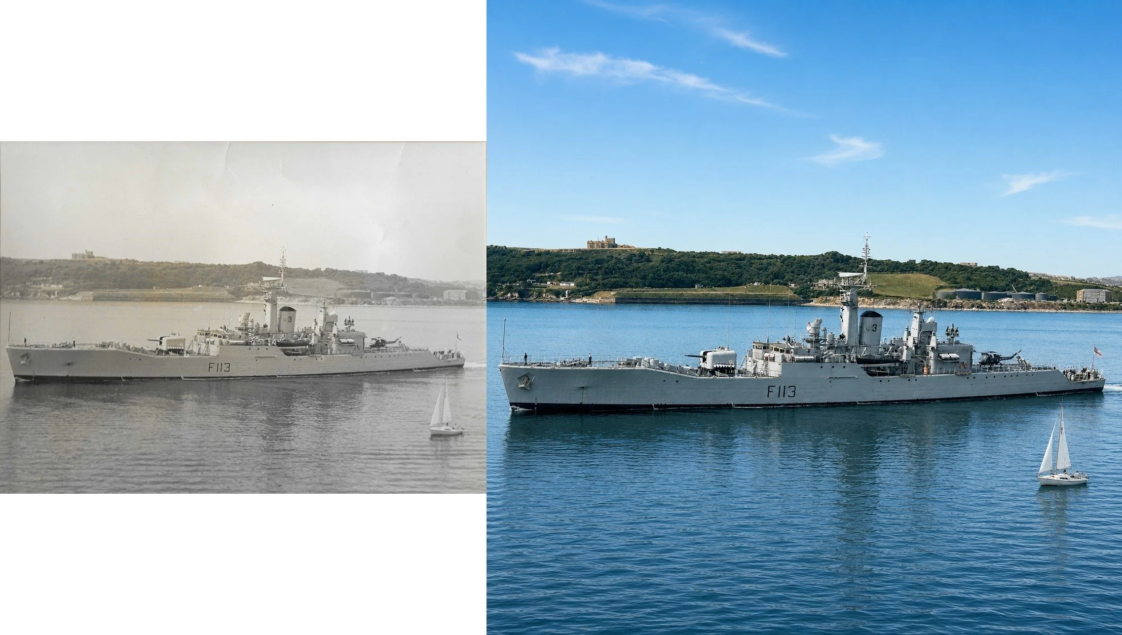 A side by side comparison of an original photo of the HMS Falmouth and an upscaled and colourised version of the same photo.