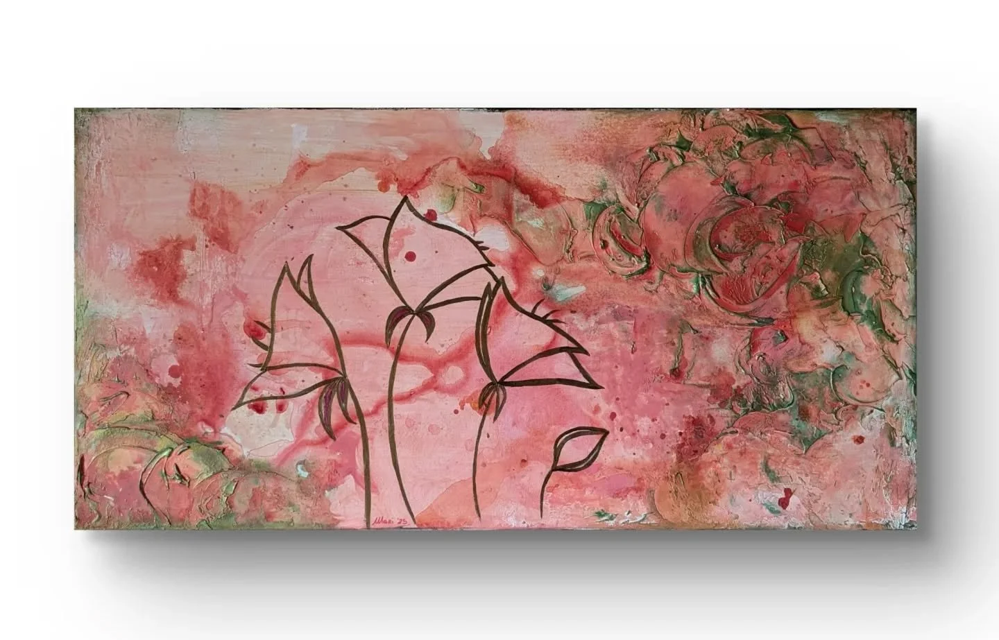 Unknown #1.

Acrylic colors and paste on canvas, 50x100. Rod&igrave; Milici, 2020-2025.

This painting is about changes. When I did it the first time it was less vibrant, with paler colors, no structure, and a tiny not well-shaped bird looking at the