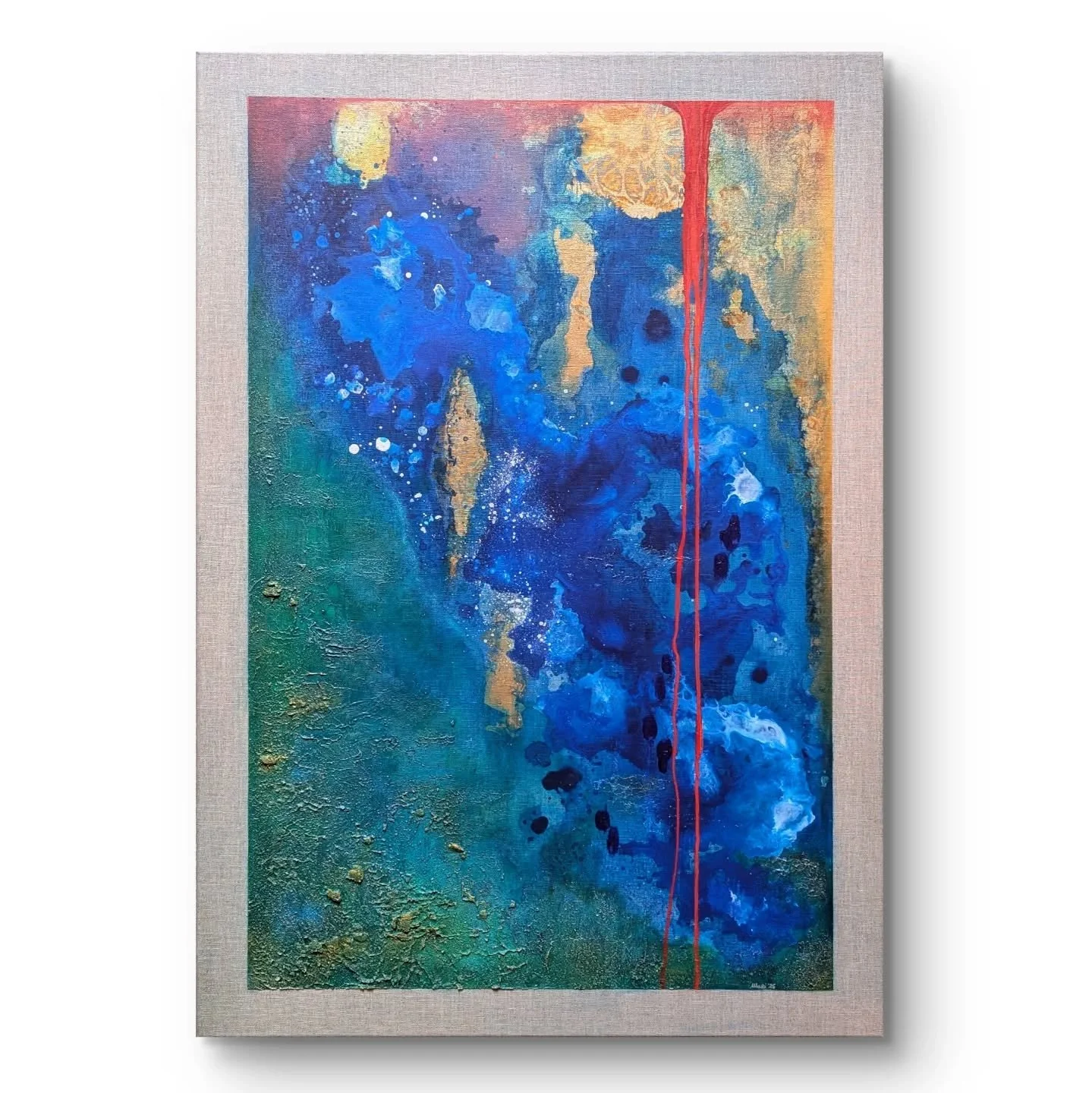 SICILIA 

Acrylic colors, paste and golden leaf of raw canvas, 100x70.
Munich, 2026.

My home, my soul, my muse. Sicily and her essence are in this last piece.