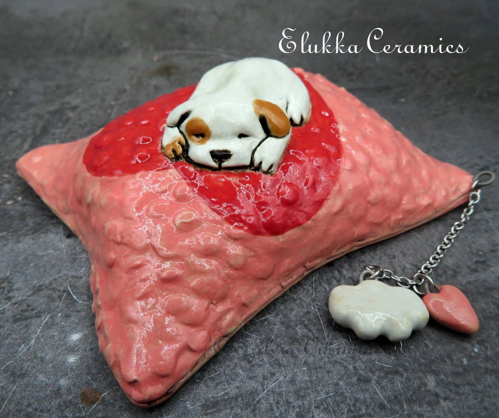 Pillow Pup #1...Ceramic Dog Sculpture...Pink Pillow/ Heart/ White Pup