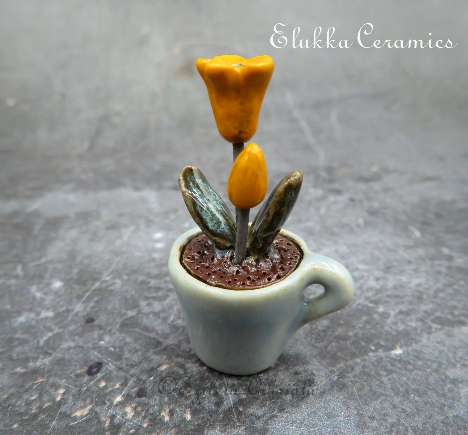 Collectible TINY Ceramic Bloom by elukka...Orange Tulips in Cup