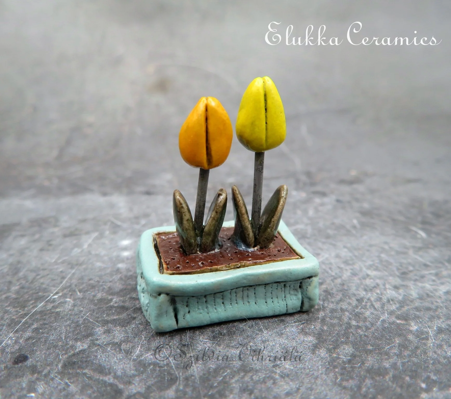 Collectible TINY Ceramic Bloom by elukka...Tulip Duo in Turquoise Green Flower Box