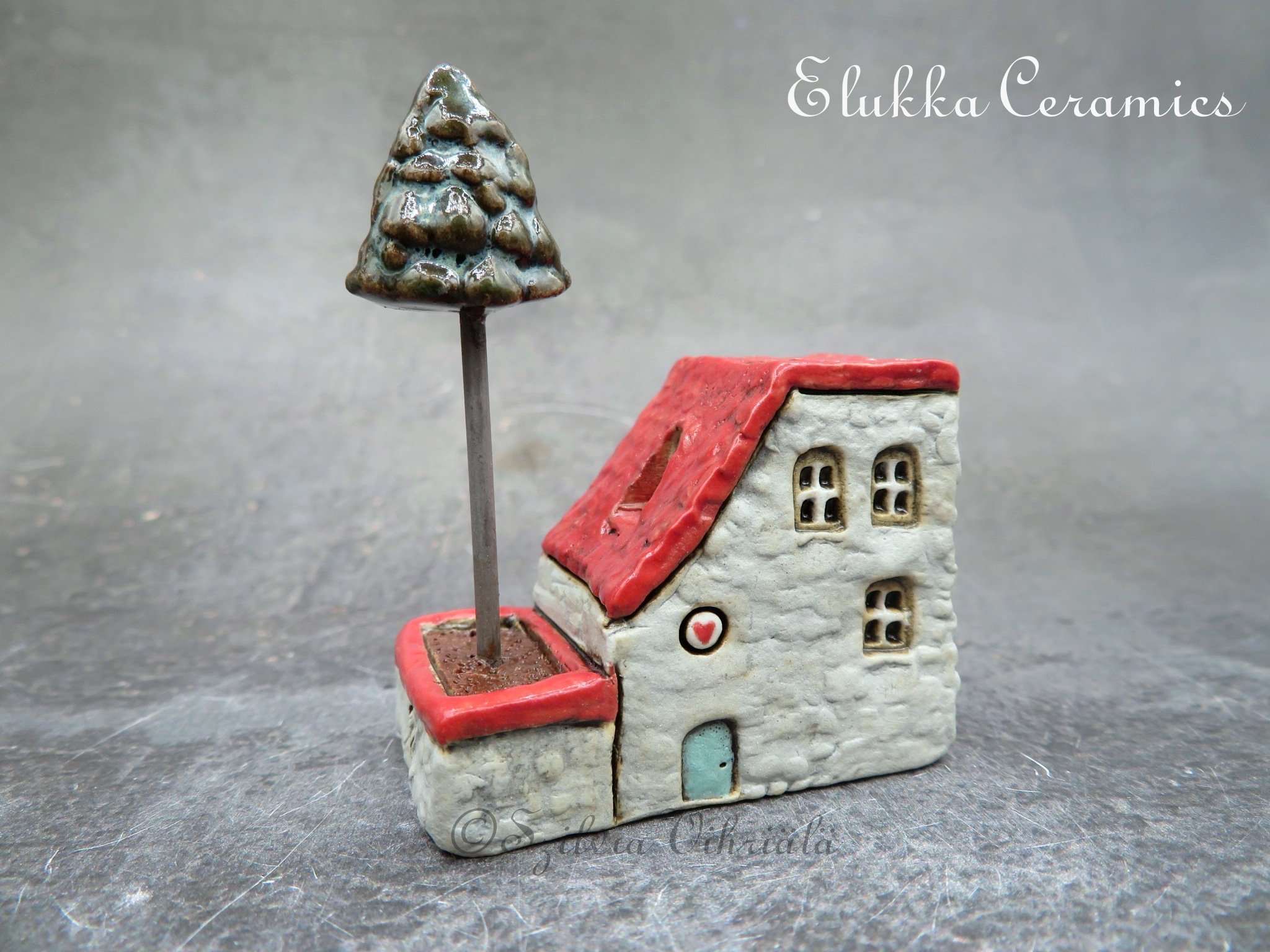 Collectible TINY Mediterranean Town House by elukka...Pearl Grey Walls &  Red Roof with Pine Tree