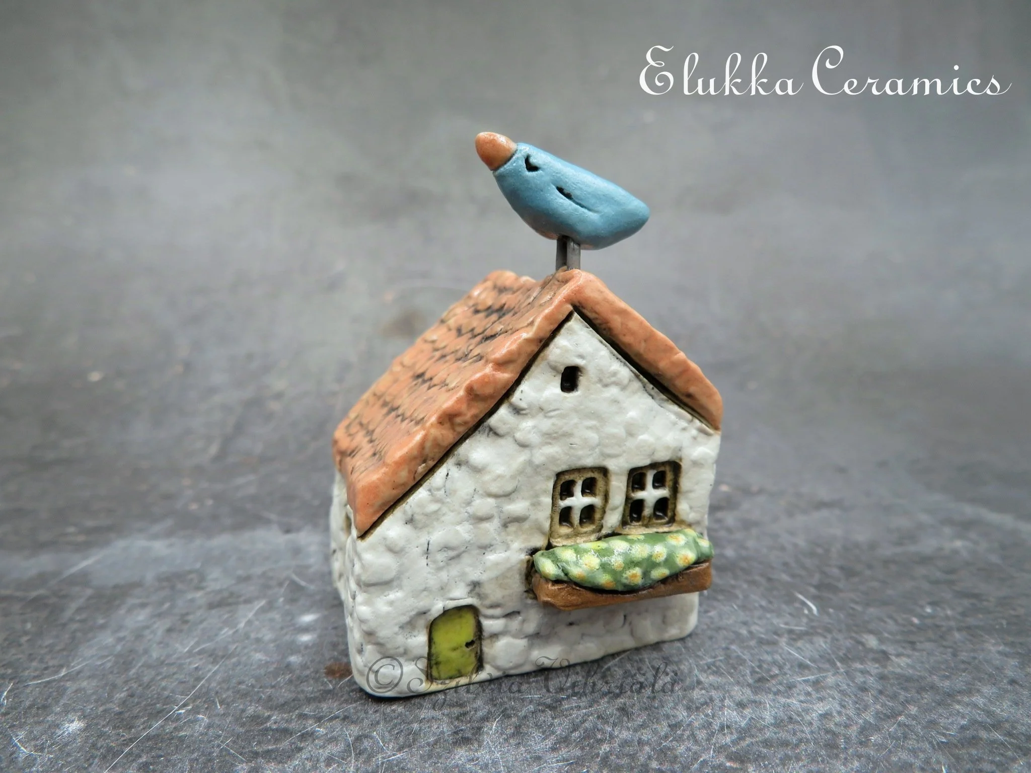Collectible TINY Mediterranean Town House by elukka...Pearl White Walls &  Light Tan Roof with BlueBird and Flower Box