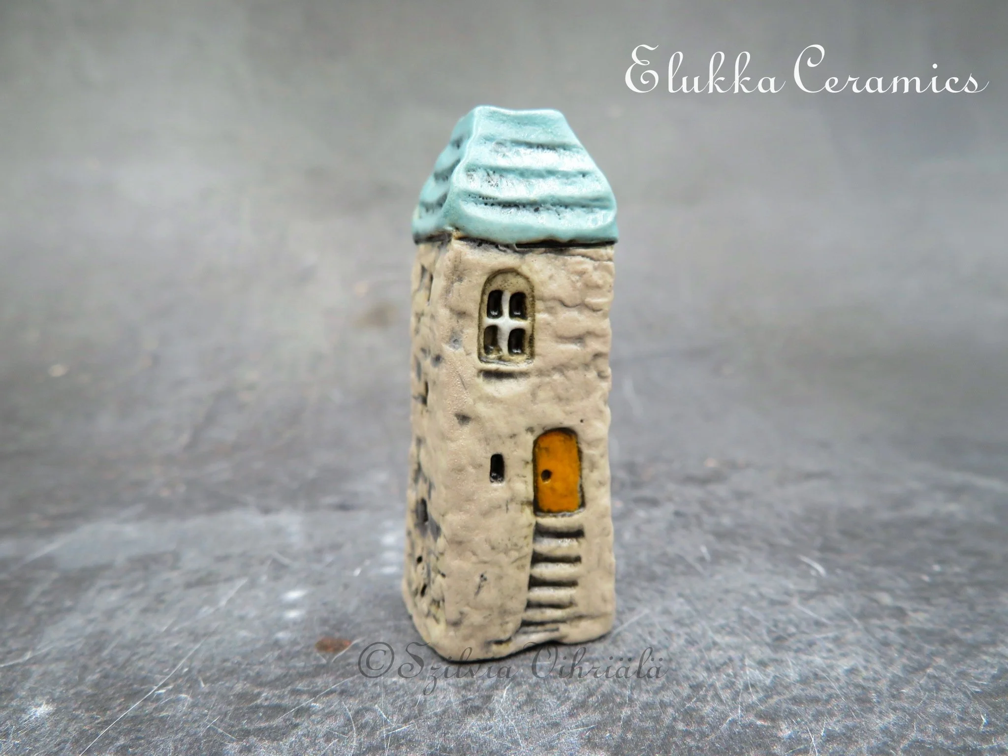 Collectible TINY Mediterranean Town House by elukka...Tower with Light Sand Walls &  Turquoise Green Roof