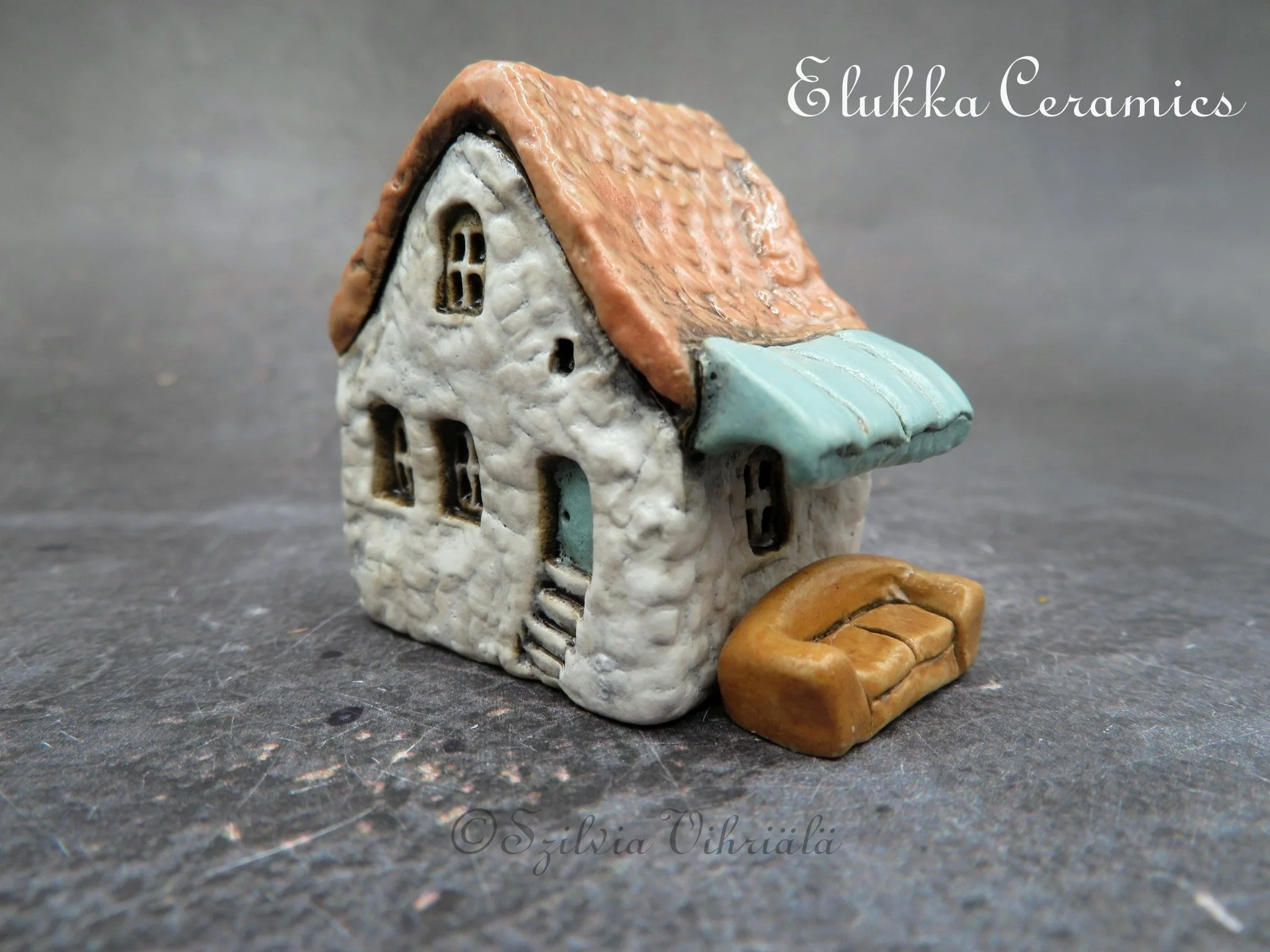 Collectible TINY Mediterranean Town House by elukka...Pearl White Walls & Peachy Pink Roof with Turquoise Green Awning  and Tiny Couch