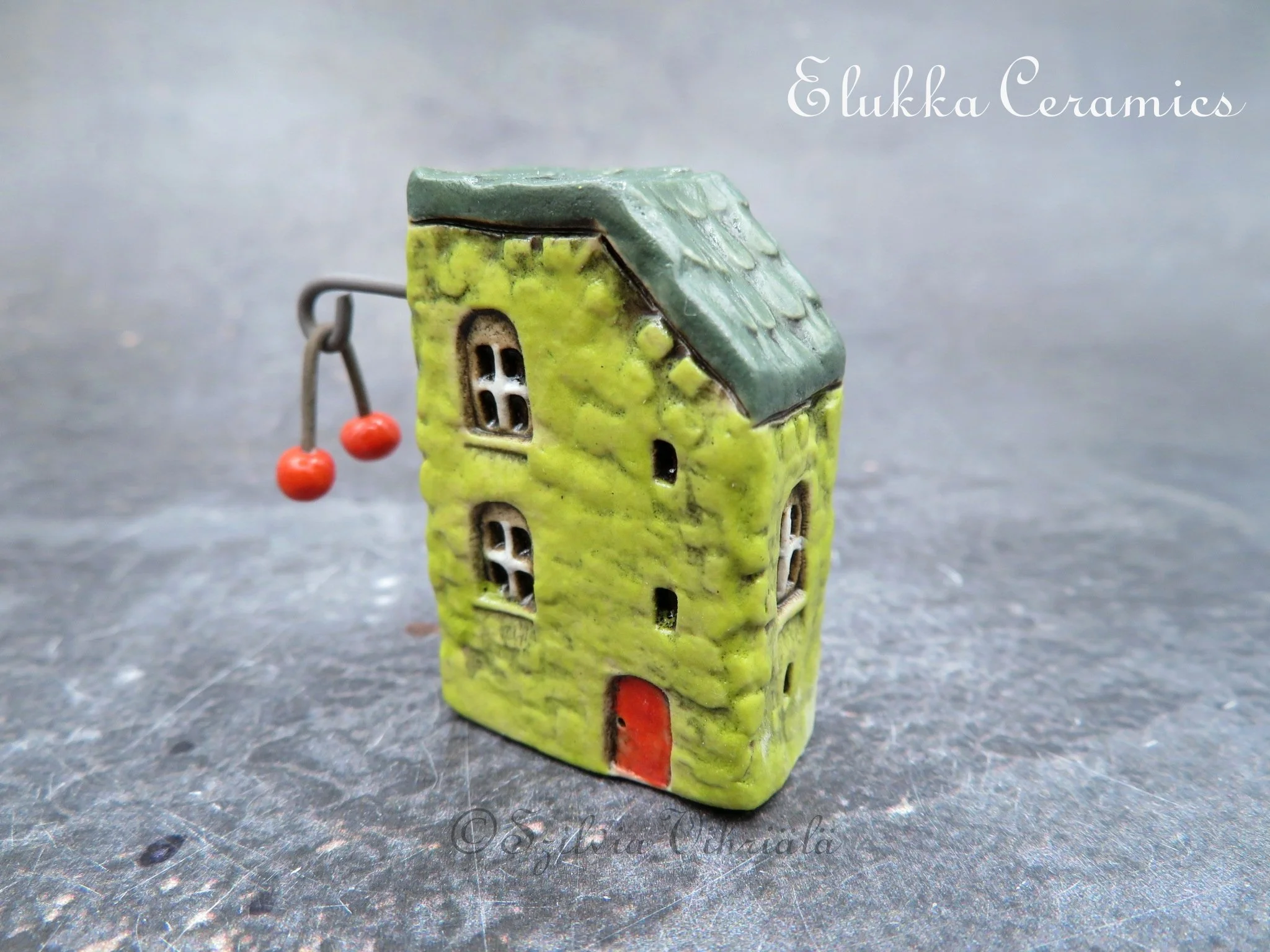 Collectible TINY Mediterranean Town House by elukka...Lime Green Walls & Dark Green Roof with Dangling Cherries