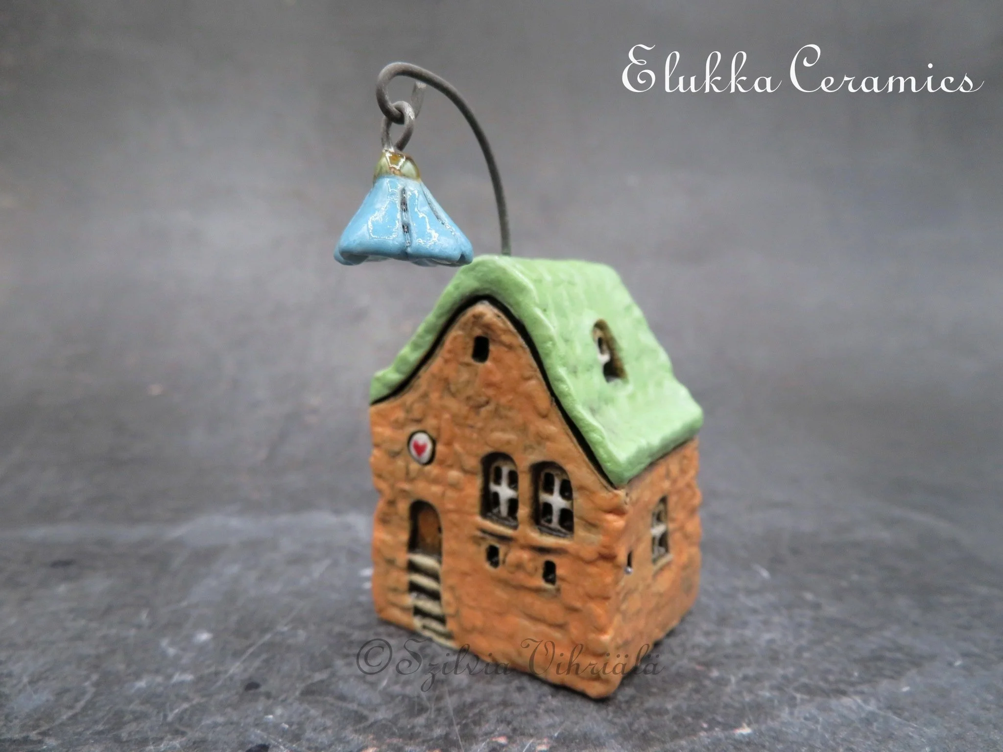 Collectible TINY Mediterranean Town House by elukka...Peach Walls & Lime Green Roof with Dangling BlueBell and Heart Sign