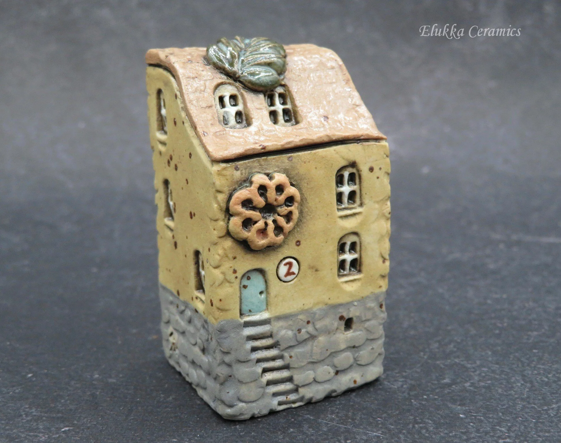 TownHouse™ Series by elukka...Collectible Miniature House...Tall Tan & Grey House with Rosette and Leaf Ornaments and Number Plaque