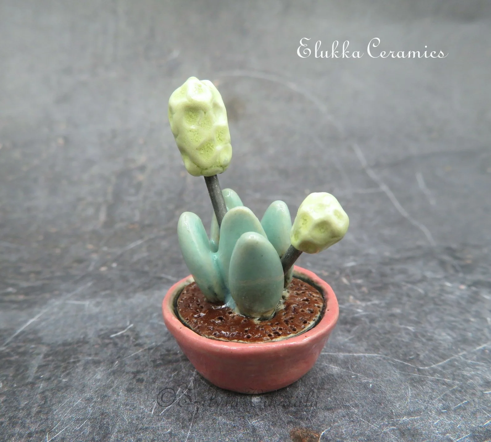 Collectible TINY Ceramic Plant by elukka...Yellow Hyacinths in Pink Bonsai Pot