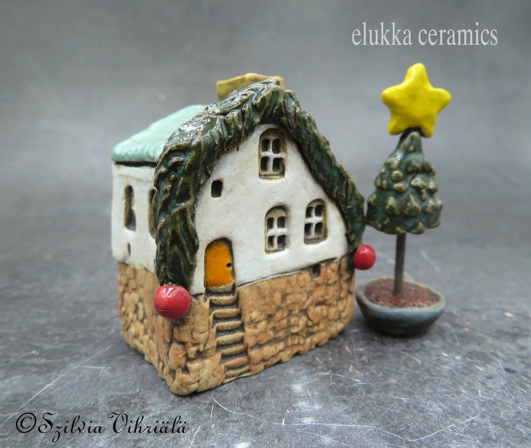 Festive Edition #14...Collectible TINY Mediterranean Town House in Stoneware by elukka...Pine Garland & Red Winterberries