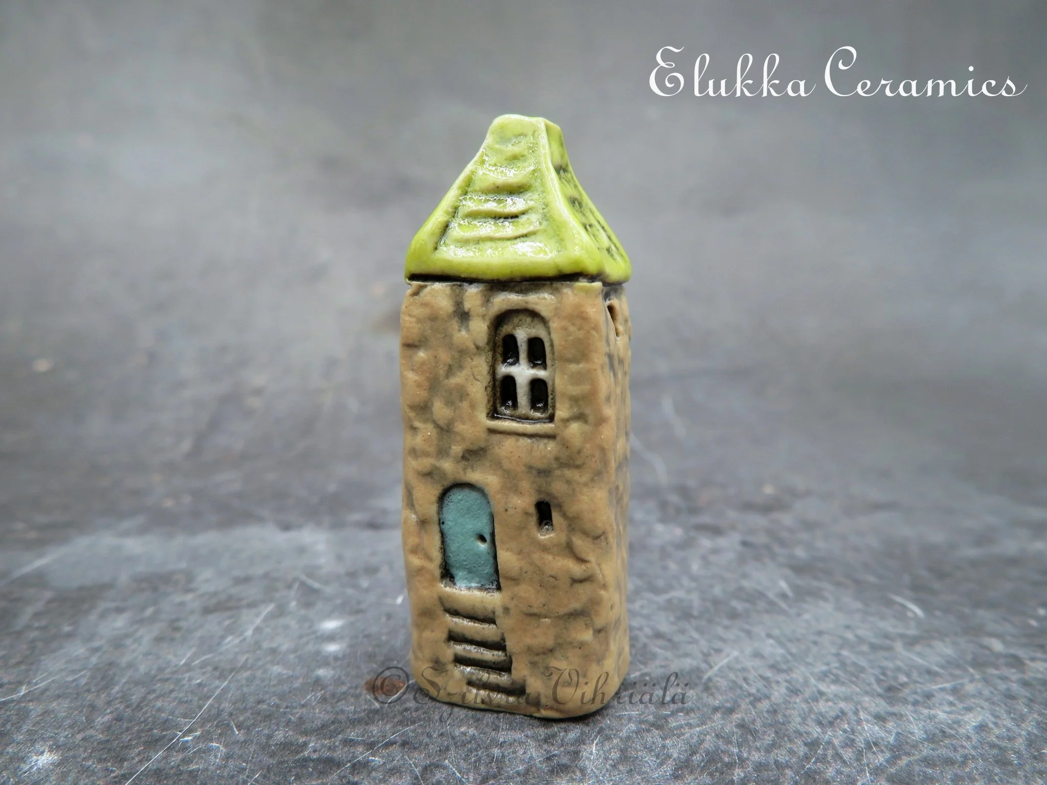 Collectible TINY Mediterranean Town House by elukka...Tower with Light Tan Walls & Lime Green Roof