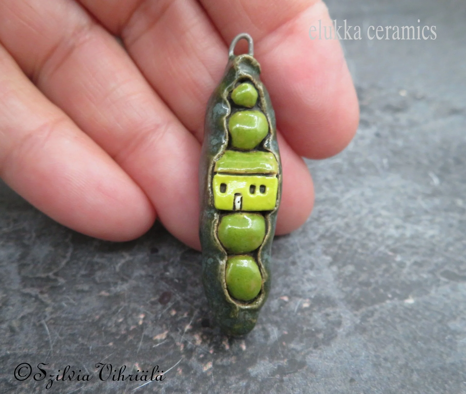 PeaPod Inn Pendant...Wearable Miniature Sculpture by elukka...Lime Green FarmHouse + 4 Peas