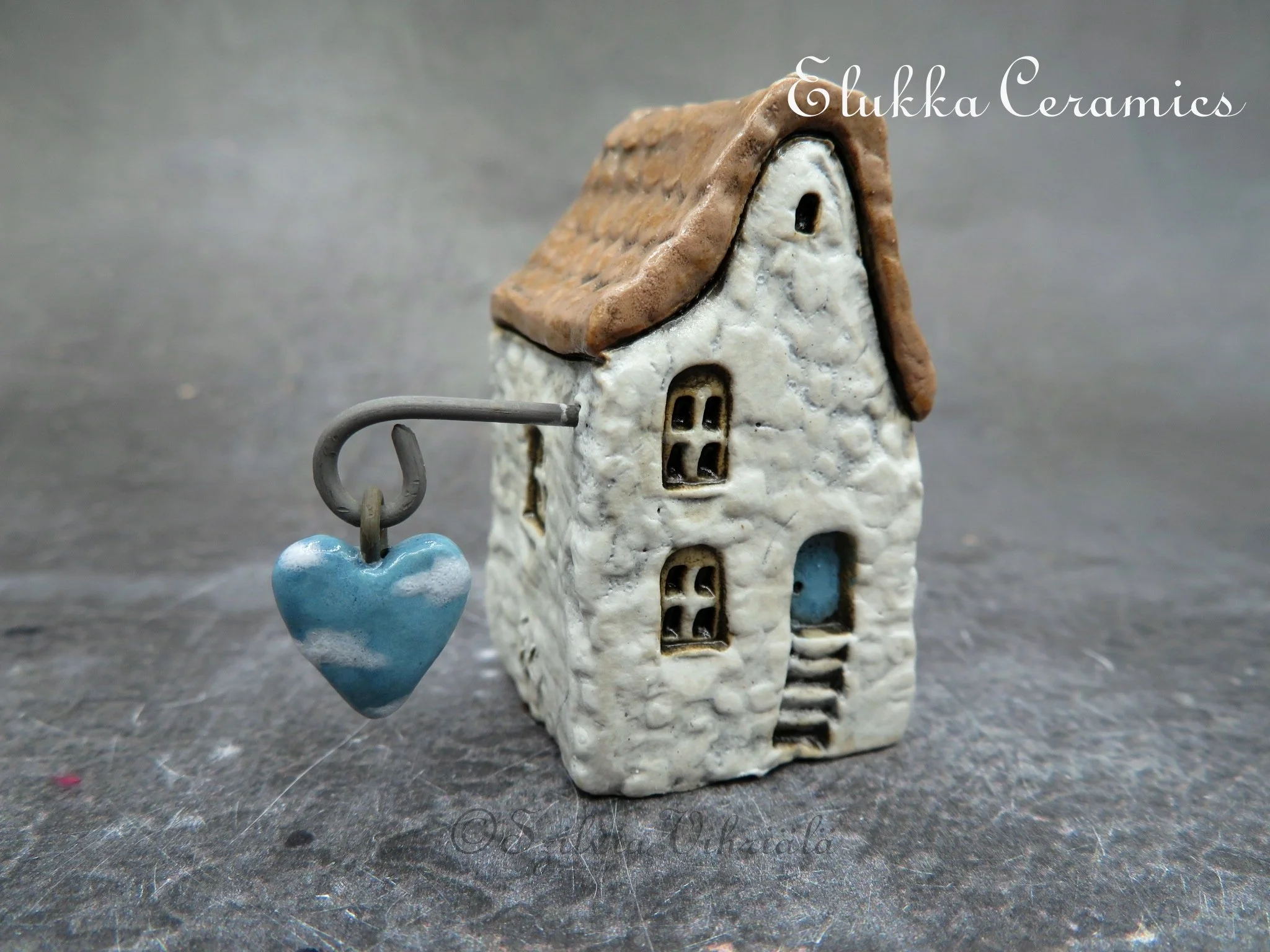 Collectible TINY Mediterranean Town House by elukka...Pearl White Walls &  Light Tan Roof with Cloudy Heart