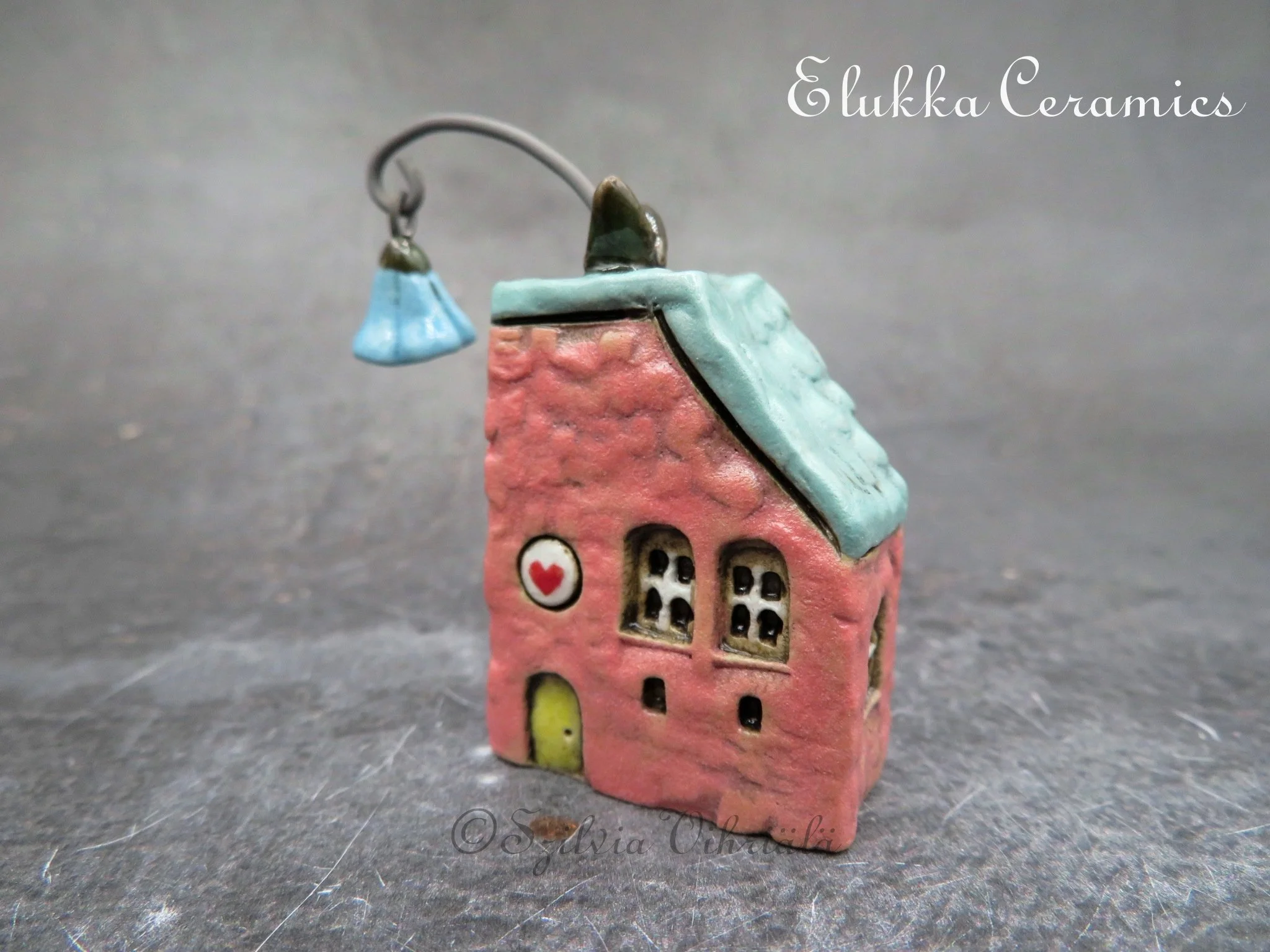 Collectible TINY Mediterranean Town House by elukka...Pink Walls & Turquoise Green Roof with Bluebell and Heart Sign