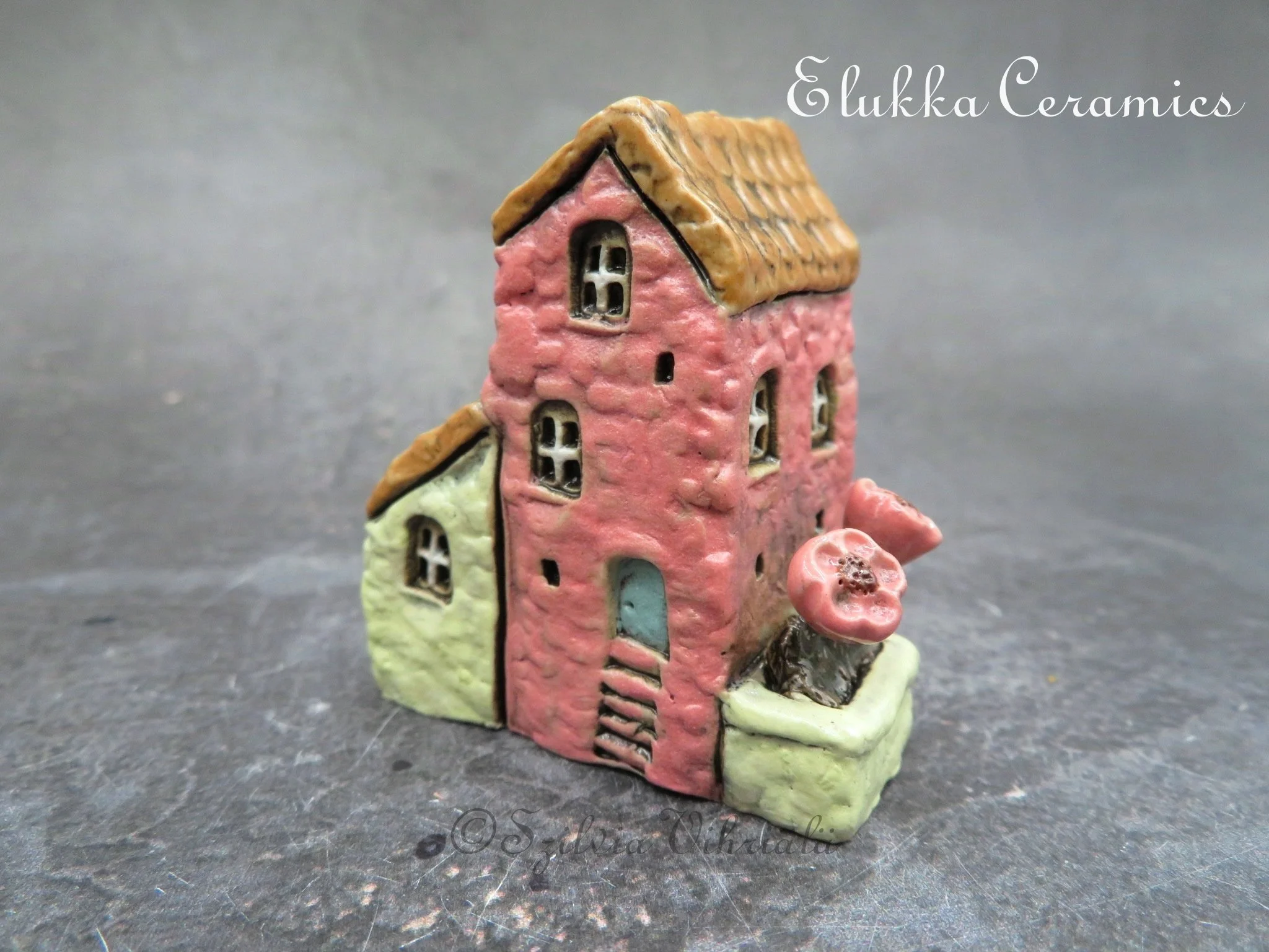 Collectible TINY Mediterranean Town House by elukka...Pink and Lemon Walls & Brown Roof with Flower Bed and Side Door