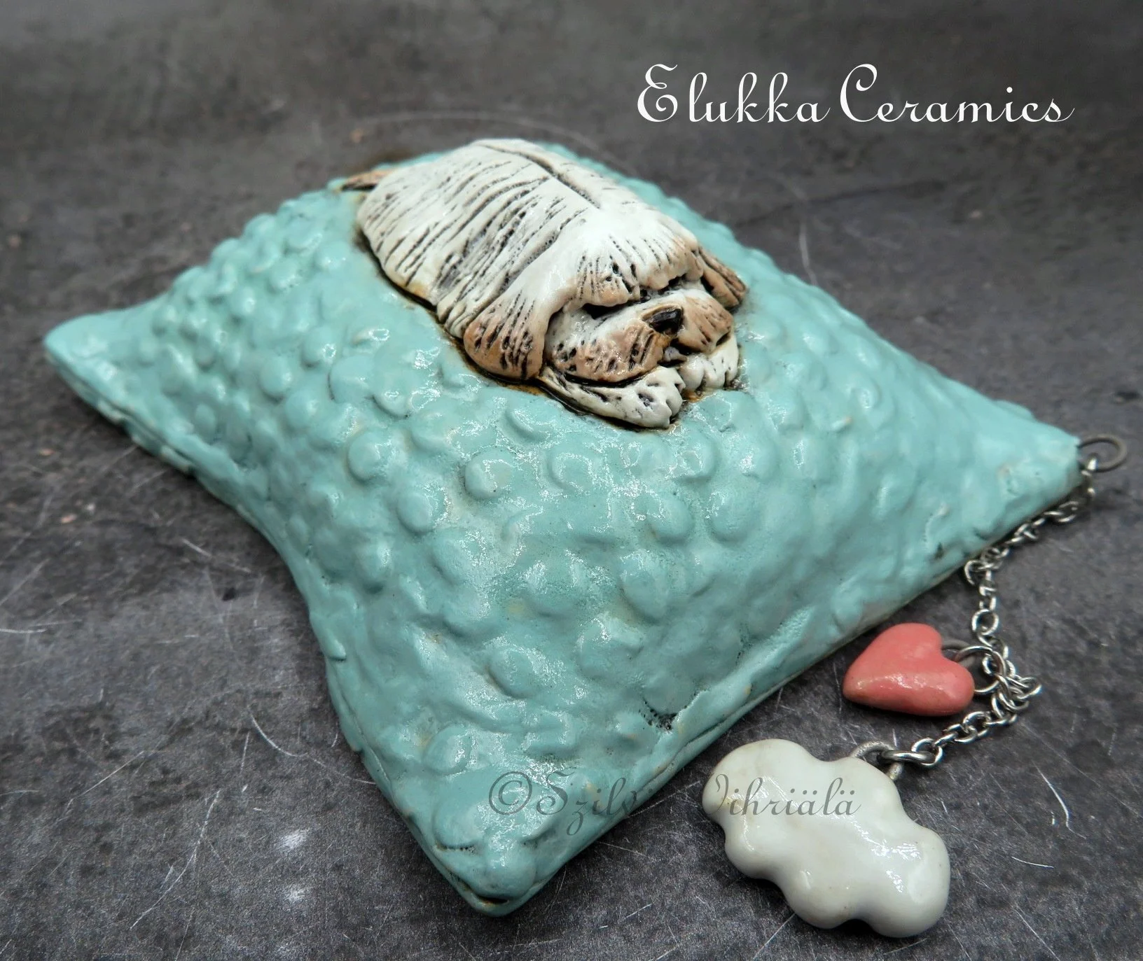 Pillow Pup #3...Ceramic Dog Sculpture...Turquoise Green Pillow/ Fluffy White & Tan Pup