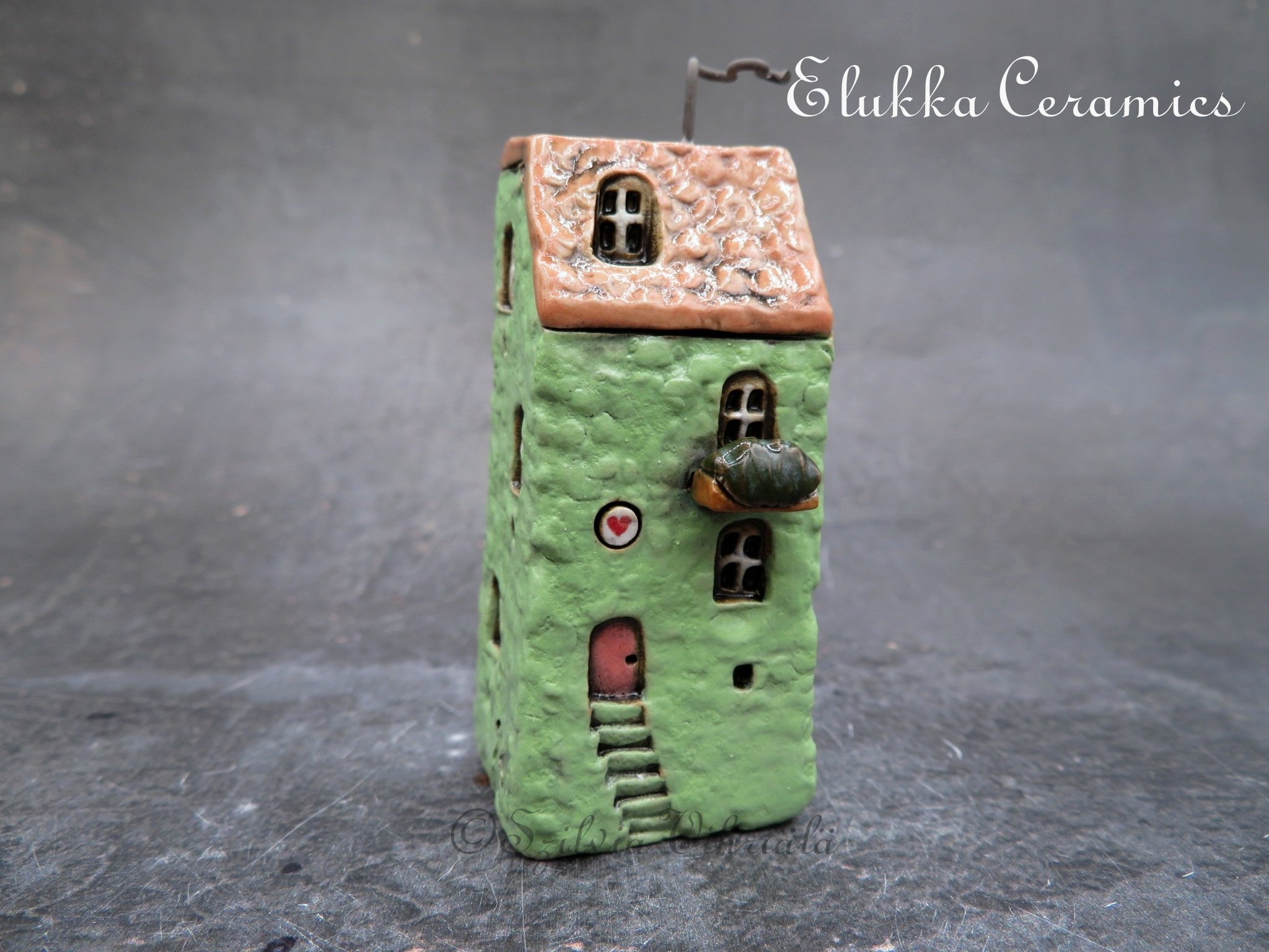 Collectible TINY Mediterranean Town House by elukka...Lime Green Walls & Tan Roof with Heart Sign and Flower Box