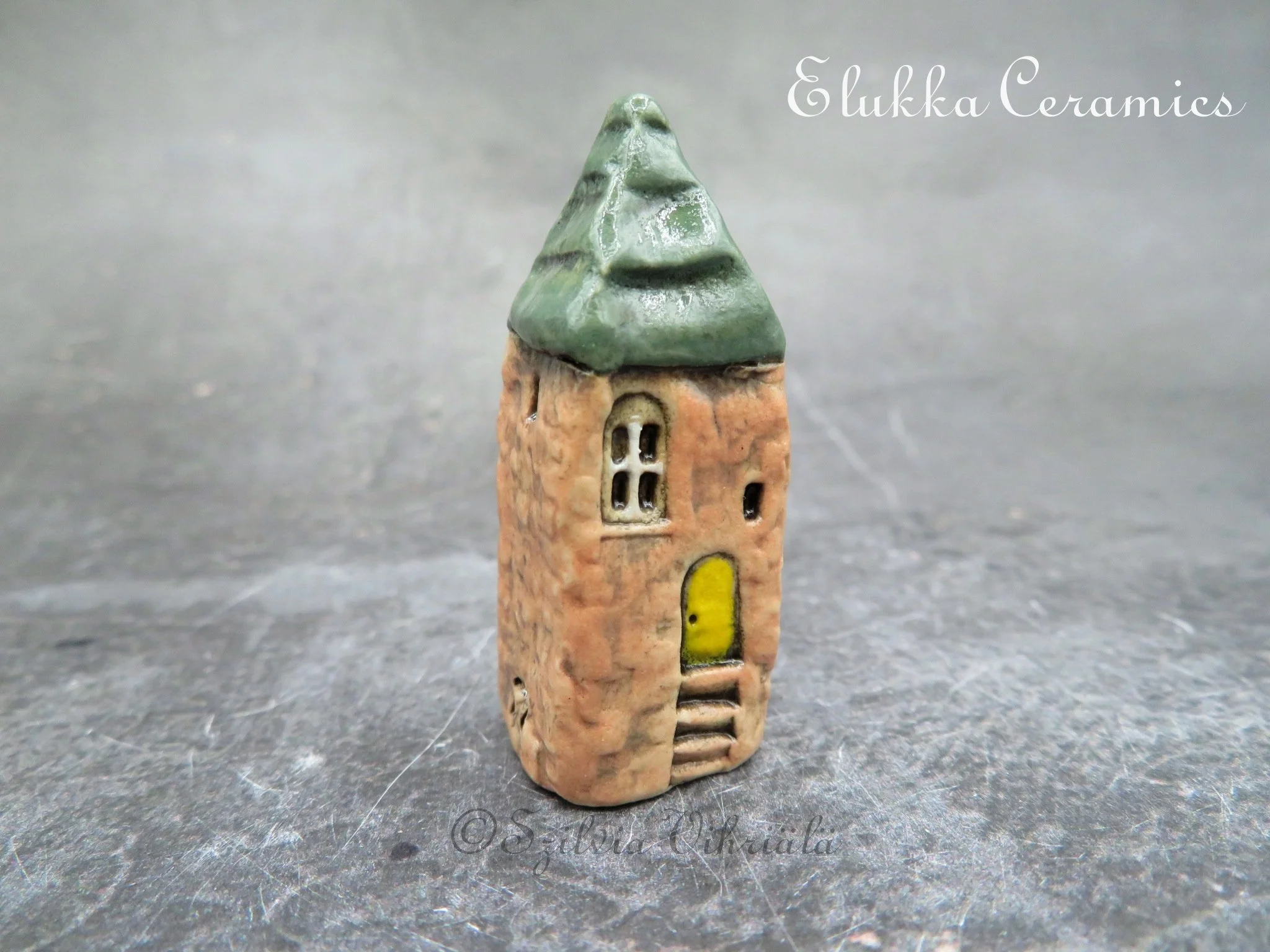 Collectible TINY Mediterranean Town House by elukka...Tower with Tan Walls &  Dark Green Roof