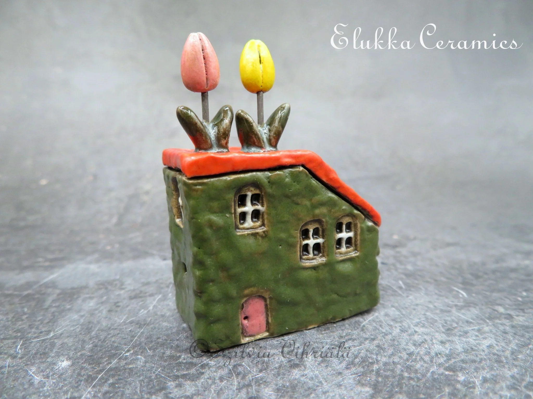 Collectible TINY Mediterranean Town House by elukka...Dark Green Walls &  Red Roof with Tulip Duo