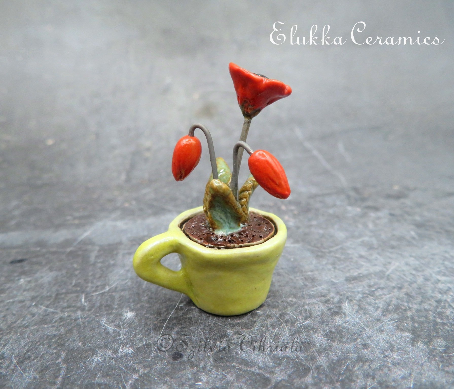 Collectible TINY Ceramic Bloom by elukka...Red Flowers in Yellow Cup
